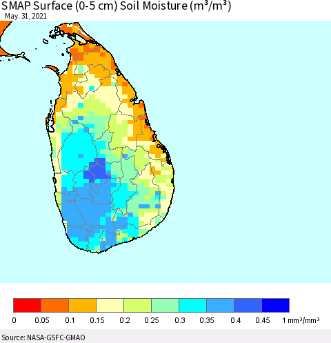 Sri Lanka SMAP Surface (0-5 cm) Soil Moisture (m³/m³) Thematic Map For 5/26/2021 - 5/31/2021