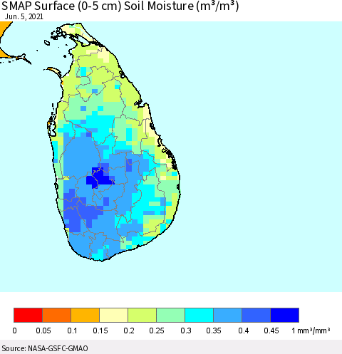 Sri Lanka SMAP Surface (0-5 cm) Soil Moisture (m³/m³) Thematic Map For 6/1/2021 - 6/5/2021