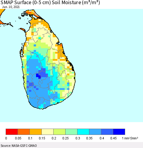 Sri Lanka SMAP Surface (0-5 cm) Soil Moisture (m³/m³) Thematic Map For 6/6/2021 - 6/10/2021