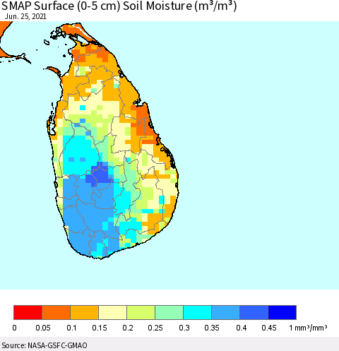 Sri Lanka SMAP Surface (0-5 cm) Soil Moisture (m³/m³) Thematic Map For 6/21/2021 - 6/25/2021