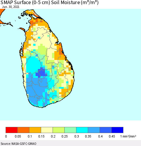 Sri Lanka SMAP Surface (0-5 cm) Soil Moisture (m³/m³) Thematic Map For 6/26/2021 - 6/30/2021