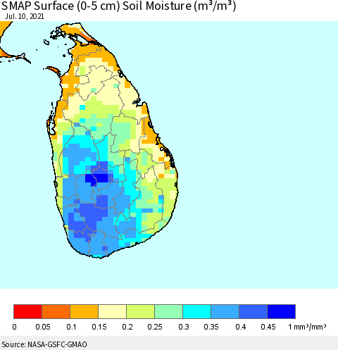 Sri Lanka SMAP Surface (0-5 cm) Soil Moisture (m³/m³) Thematic Map For 7/6/2021 - 7/10/2021
