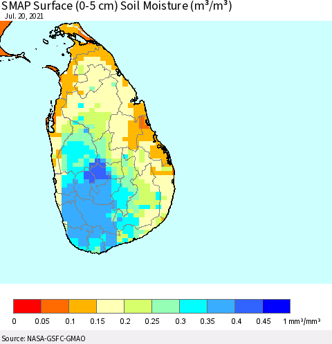 Sri Lanka SMAP Surface (0-5 cm) Soil Moisture (m³/m³) Thematic Map For 7/16/2021 - 7/20/2021