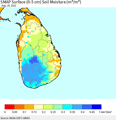 Sri Lanka SMAP Surface (0-5 cm) Soil Moisture (m³/m³) Thematic Map For 8/16/2021 - 8/20/2021