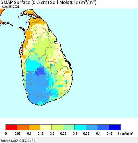 Sri Lanka SMAP Surface (0-5 cm) Soil Moisture (m³/m³) Thematic Map For 8/21/2021 - 8/25/2021