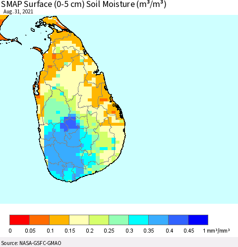 Sri Lanka SMAP Surface (0-5 cm) Soil Moisture (m³/m³) Thematic Map For 8/26/2021 - 8/31/2021