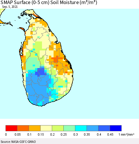 Sri Lanka SMAP Surface (0-5 cm) Soil Moisture (m³/m³) Thematic Map For 9/1/2021 - 9/5/2021