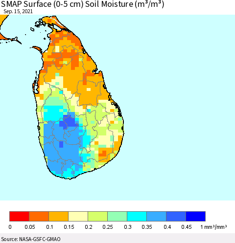 Sri Lanka SMAP Surface (0-5 cm) Soil Moisture (m³/m³) Thematic Map For 9/11/2021 - 9/15/2021