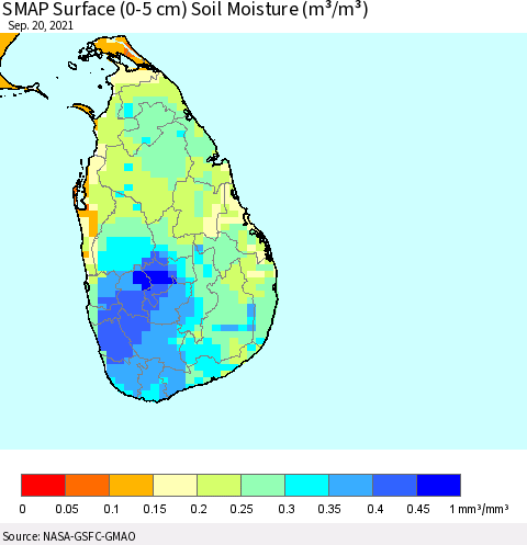 Sri Lanka SMAP Surface (0-5 cm) Soil Moisture (m³/m³) Thematic Map For 9/16/2021 - 9/20/2021