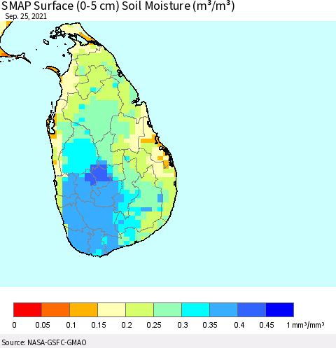 Sri Lanka SMAP Surface (0-5 cm) Soil Moisture (m³/m³) Thematic Map For 9/21/2021 - 9/25/2021