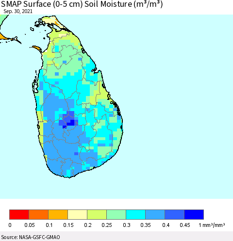 Sri Lanka SMAP Surface (0-5 cm) Soil Moisture (m³/m³) Thematic Map For 9/26/2021 - 9/30/2021