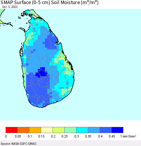 Sri Lanka SMAP Surface (0-5 cm) Soil Moisture (m³/m³) Thematic Map For 10/1/2021 - 10/5/2021