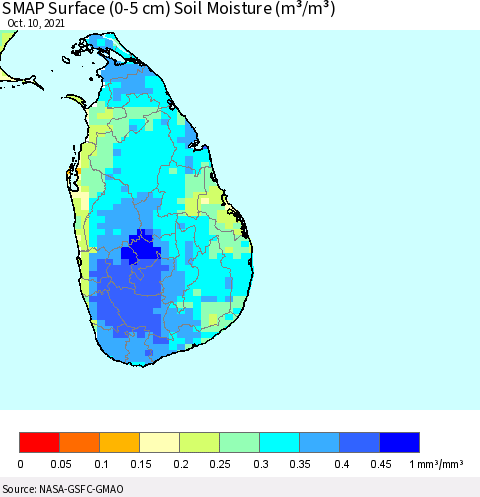 Sri Lanka SMAP Surface (0-5 cm) Soil Moisture (m³/m³) Thematic Map For 10/6/2021 - 10/10/2021