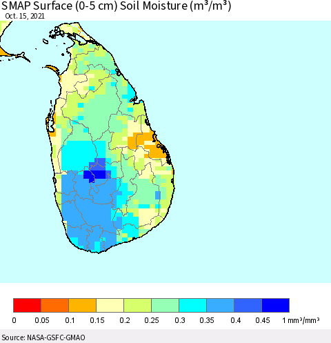 Sri Lanka SMAP Surface (0-5 cm) Soil Moisture (m³/m³) Thematic Map For 10/11/2021 - 10/15/2021