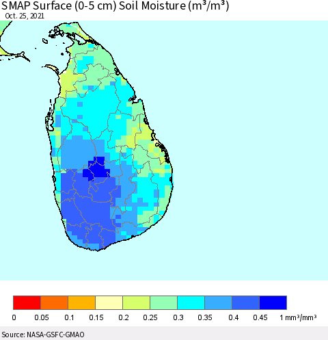 Sri Lanka SMAP Surface (0-5 cm) Soil Moisture (m³/m³) Thematic Map For 10/21/2021 - 10/25/2021
