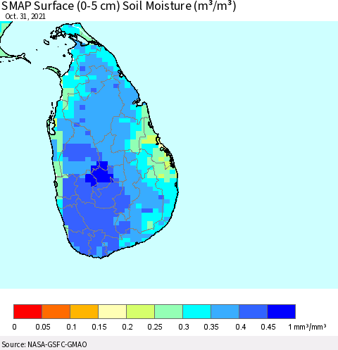 Sri Lanka SMAP Surface (0-5 cm) Soil Moisture (m³/m³) Thematic Map For 10/26/2021 - 10/31/2021