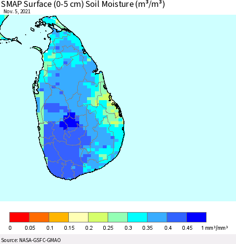 Sri Lanka SMAP Surface (0-5 cm) Soil Moisture (m³/m³) Thematic Map For 11/1/2021 - 11/5/2021