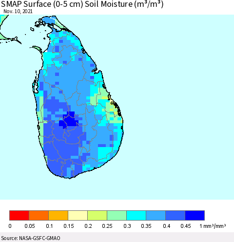 Sri Lanka SMAP Surface (0-5 cm) Soil Moisture (m³/m³) Thematic Map For 11/6/2021 - 11/10/2021