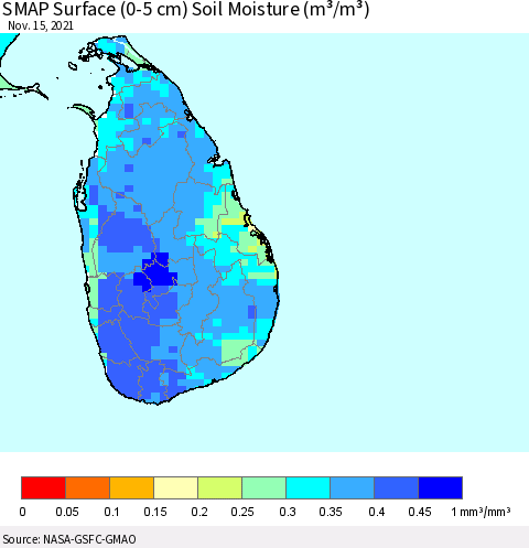 Sri Lanka SMAP Surface (0-5 cm) Soil Moisture (m³/m³) Thematic Map For 11/11/2021 - 11/15/2021