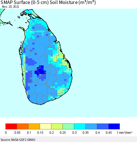 Sri Lanka SMAP Surface (0-5 cm) Soil Moisture (m³/m³) Thematic Map For 11/16/2021 - 11/20/2021