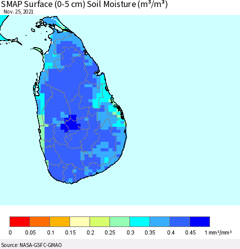 Sri Lanka SMAP Surface (0-5 cm) Soil Moisture (m³/m³) Thematic Map For 11/21/2021 - 11/25/2021