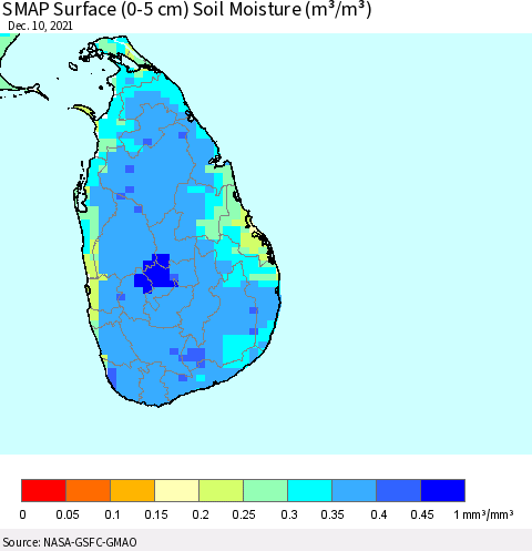 Sri Lanka SMAP Surface (0-5 cm) Soil Moisture (m³/m³) Thematic Map For 12/6/2021 - 12/10/2021