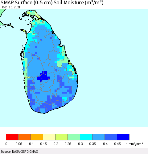 Sri Lanka SMAP Surface (0-5 cm) Soil Moisture (m³/m³) Thematic Map For 12/11/2021 - 12/15/2021
