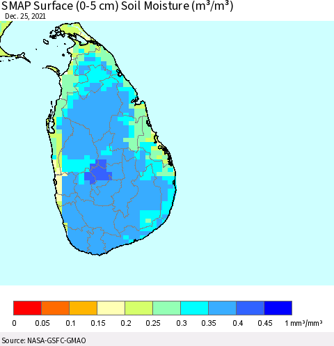 Sri Lanka SMAP Surface (0-5 cm) Soil Moisture (m³/m³) Thematic Map For 12/21/2021 - 12/25/2021