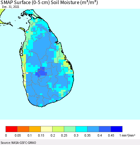 Sri Lanka SMAP Surface (0-5 cm) Soil Moisture (m³/m³) Thematic Map For 12/26/2021 - 12/31/2021