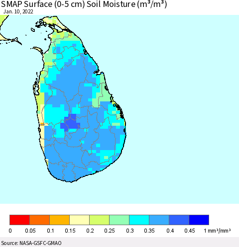 Sri Lanka SMAP Surface (0-5 cm) Soil Moisture (m³/m³) Thematic Map For 1/6/2022 - 1/10/2022