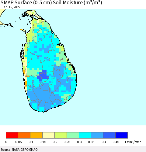 Sri Lanka SMAP Surface (0-5 cm) Soil Moisture (m³/m³) Thematic Map For 1/11/2022 - 1/15/2022