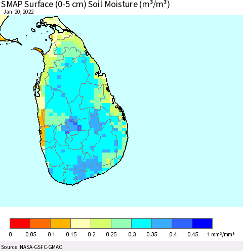 Sri Lanka SMAP Surface (0-5 cm) Soil Moisture (m³/m³) Thematic Map For 1/16/2022 - 1/20/2022