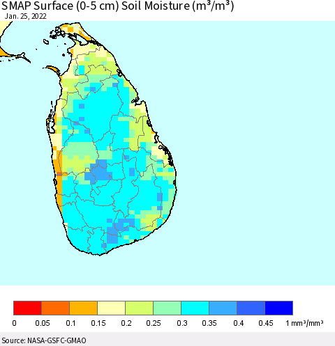 Sri Lanka SMAP Surface (0-5 cm) Soil Moisture (m³/m³) Thematic Map For 1/21/2022 - 1/25/2022