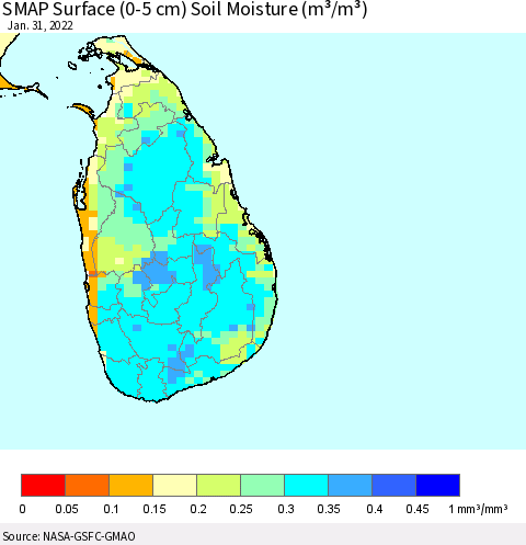 Sri Lanka SMAP Surface (0-5 cm) Soil Moisture (m³/m³) Thematic Map For 1/26/2022 - 1/31/2022