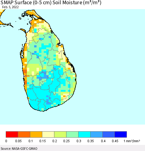 Sri Lanka SMAP Surface (0-5 cm) Soil Moisture (m³/m³) Thematic Map For 2/1/2022 - 2/5/2022