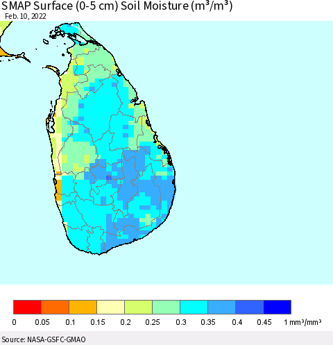 Sri Lanka SMAP Surface (0-5 cm) Soil Moisture (m³/m³) Thematic Map For 2/6/2022 - 2/10/2022