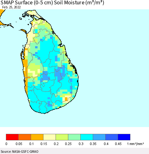 Sri Lanka SMAP Surface (0-5 cm) Soil Moisture (m³/m³) Thematic Map For 2/21/2022 - 2/25/2022