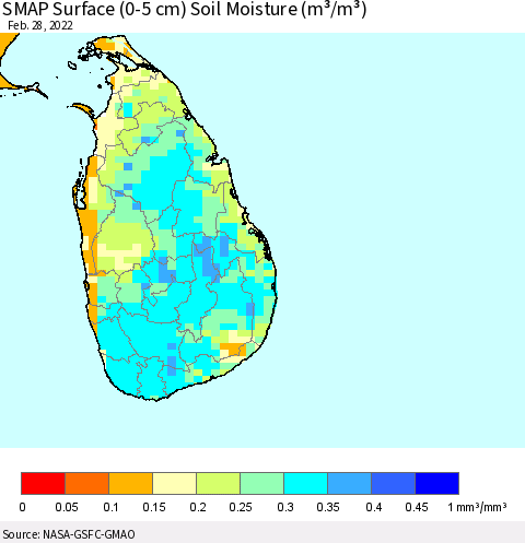 Sri Lanka SMAP Surface (0-5 cm) Soil Moisture (m³/m³) Thematic Map For 2/26/2022 - 2/28/2022