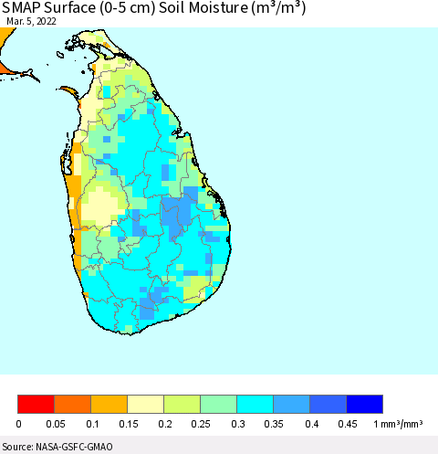 Sri Lanka SMAP Surface (0-5 cm) Soil Moisture (m³/m³) Thematic Map For 3/1/2022 - 3/5/2022