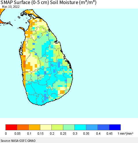 Sri Lanka SMAP Surface (0-5 cm) Soil Moisture (m³/m³) Thematic Map For 3/6/2022 - 3/10/2022
