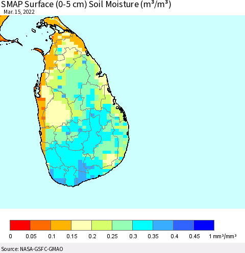 Sri Lanka SMAP Surface (0-5 cm) Soil Moisture (m³/m³) Thematic Map For 3/11/2022 - 3/15/2022