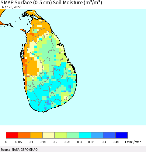 Sri Lanka SMAP Surface (0-5 cm) Soil Moisture (m³/m³) Thematic Map For 3/16/2022 - 3/20/2022