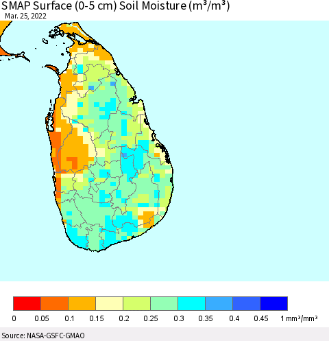 Sri Lanka SMAP Surface (0-5 cm) Soil Moisture (m³/m³) Thematic Map For 3/21/2022 - 3/25/2022