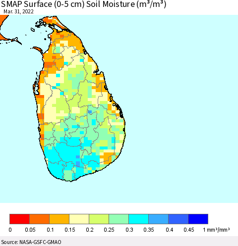 Sri Lanka SMAP Surface (0-5 cm) Soil Moisture (m³/m³) Thematic Map For 3/26/2022 - 3/31/2022