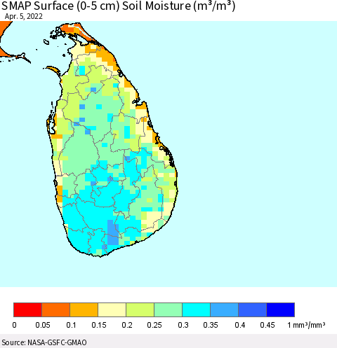Sri Lanka SMAP Surface (0-5 cm) Soil Moisture (m³/m³) Thematic Map For 4/1/2022 - 4/5/2022