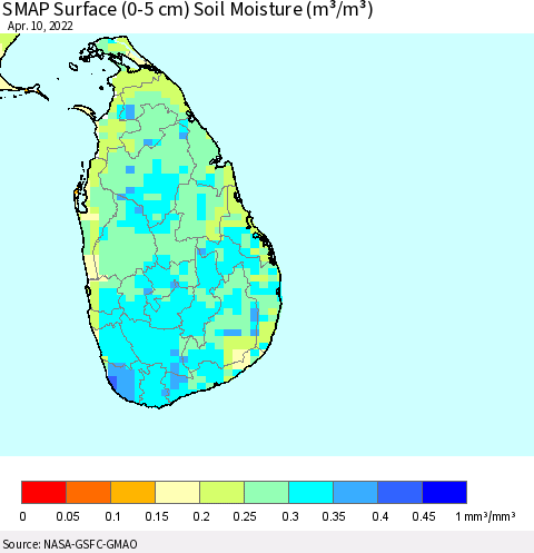 Sri Lanka SMAP Surface (0-5 cm) Soil Moisture (m³/m³) Thematic Map For 4/6/2022 - 4/10/2022