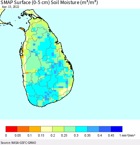 Sri Lanka SMAP Surface (0-5 cm) Soil Moisture (m³/m³) Thematic Map For 4/11/2022 - 4/15/2022