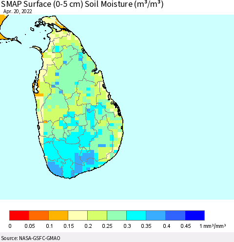 Sri Lanka SMAP Surface (0-5 cm) Soil Moisture (m³/m³) Thematic Map For 4/16/2022 - 4/20/2022