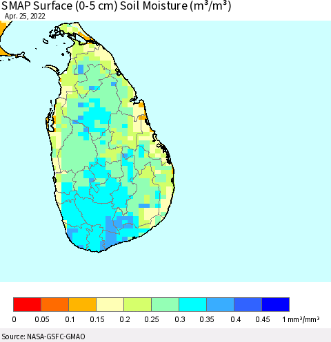 Sri Lanka SMAP Surface (0-5 cm) Soil Moisture (m³/m³) Thematic Map For 4/21/2022 - 4/25/2022