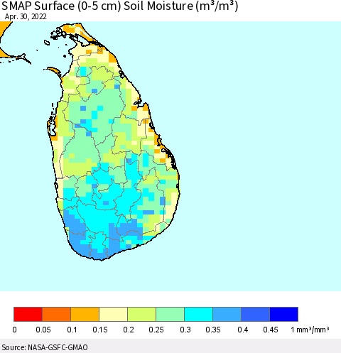 Sri Lanka SMAP Surface (0-5 cm) Soil Moisture (m³/m³) Thematic Map For 4/26/2022 - 4/30/2022